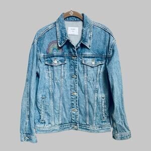 Old Navy Boyfriend Rainbow Embroidered Jean Jacket Medium Light Wash M